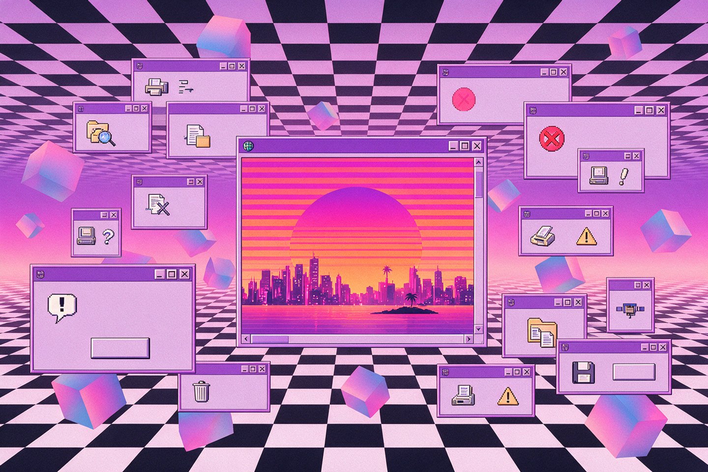 Vaporwave — retro computer windows, a striped sunset and a checkerboard floor rendered in pastel gradients