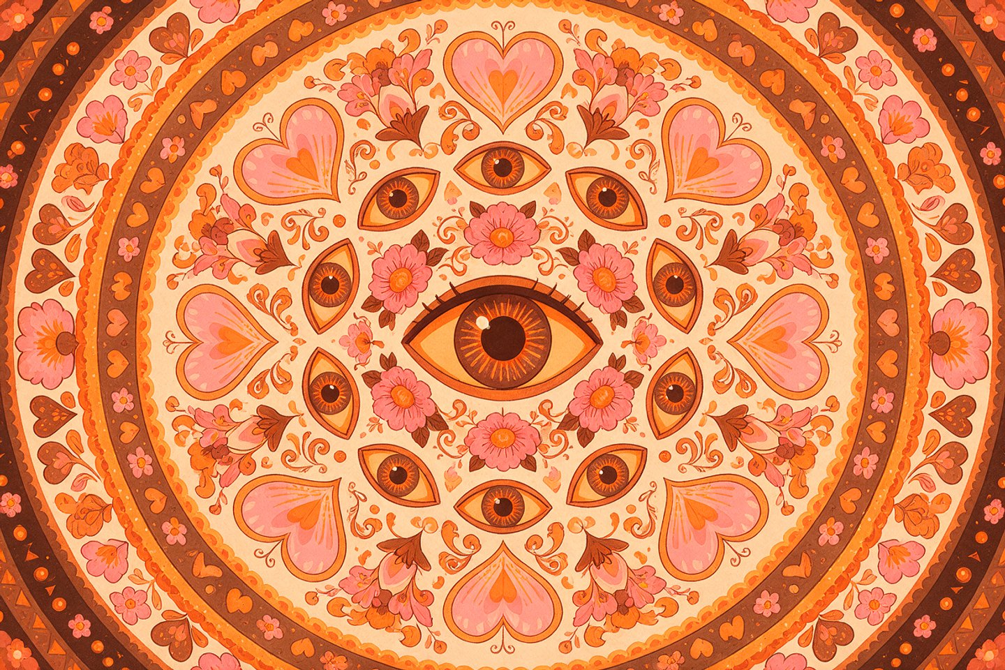 Kaleido — a symmetrical mandala of eyes, hearts and folk flowers in warm oranges and pinks