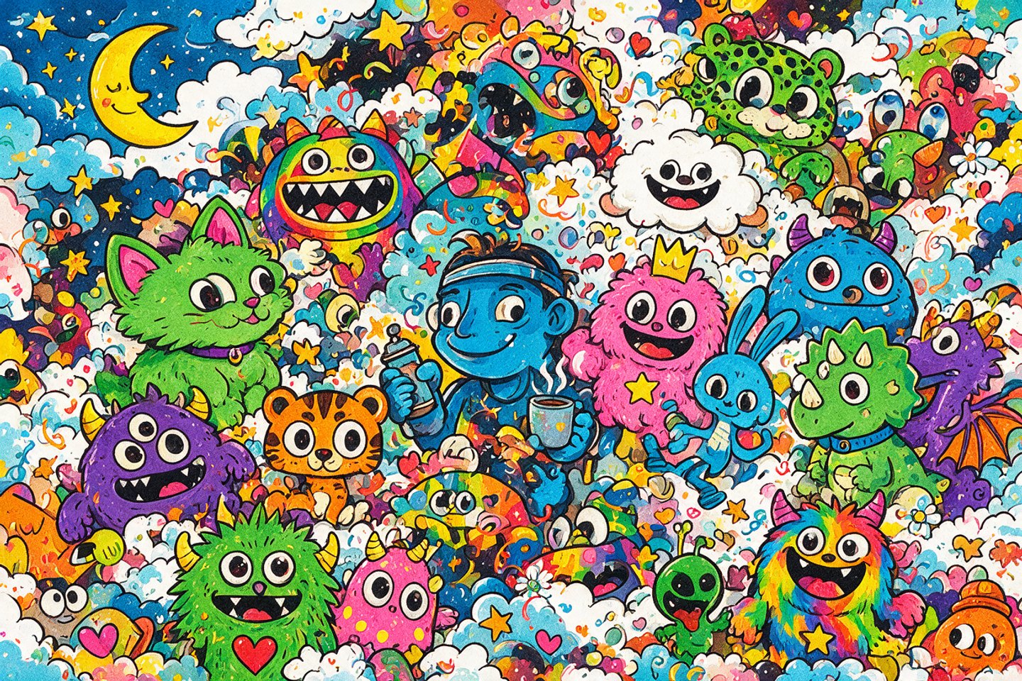 Menagerie — a densely packed doodle of a blue character surrounded by dozens of cartoon monsters and creatures