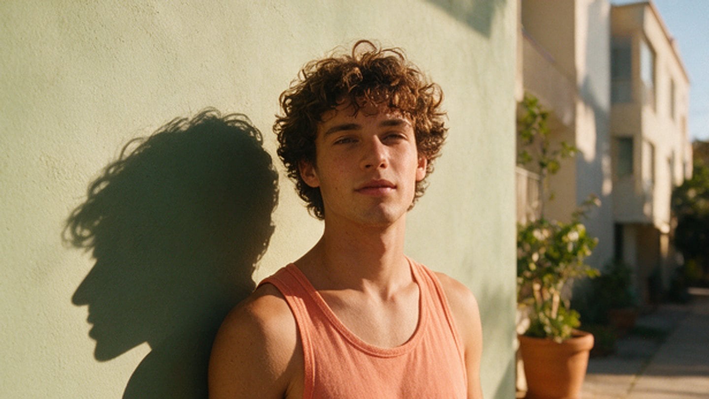 Portrait of a young man against a sunlit green wall