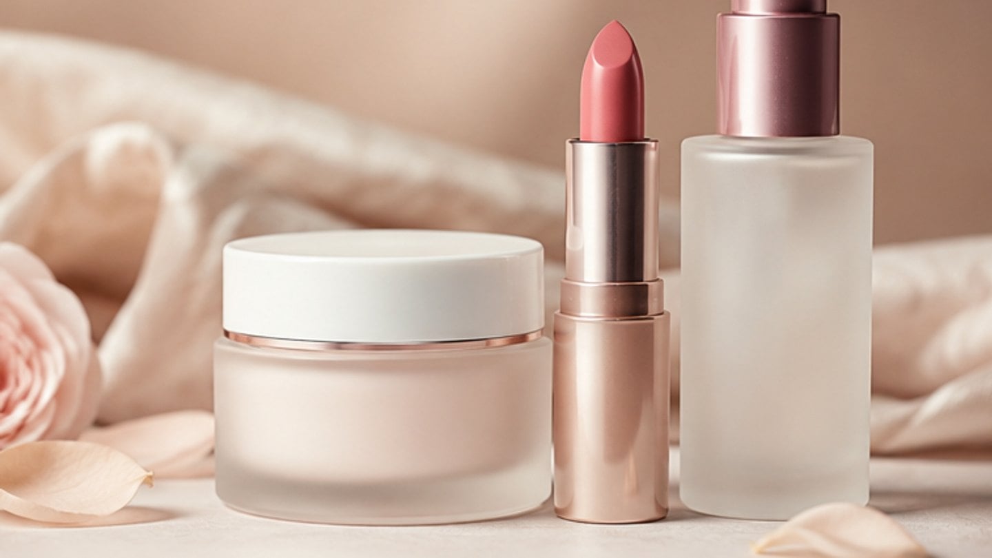 Rose-toned skincare still life with petals