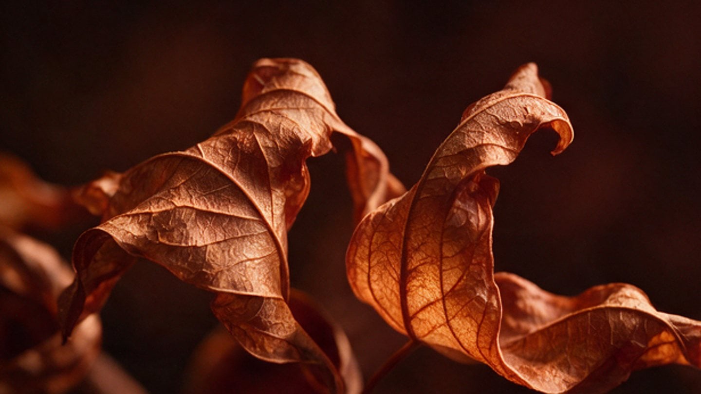 Backlit dried leaves in copper tones against darkness