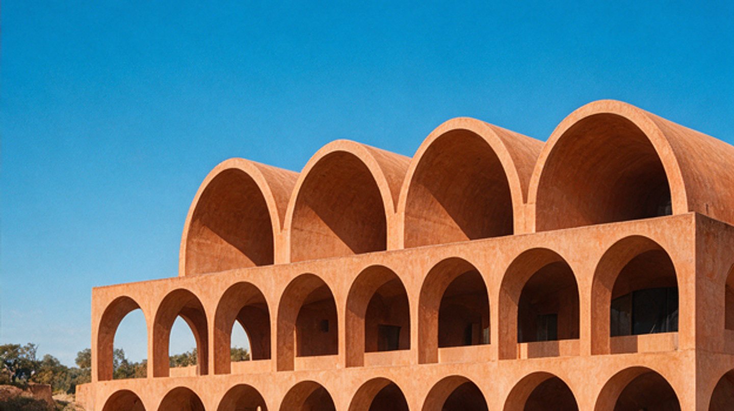 Rammed-earth vaulted pavilion against a clear sky
