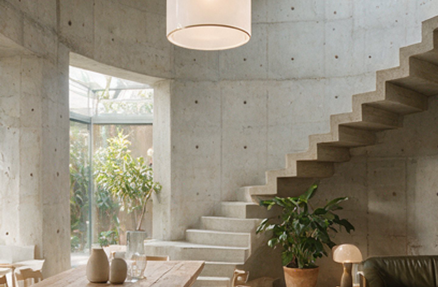 Cast concrete floating staircase beside a board-formed wall