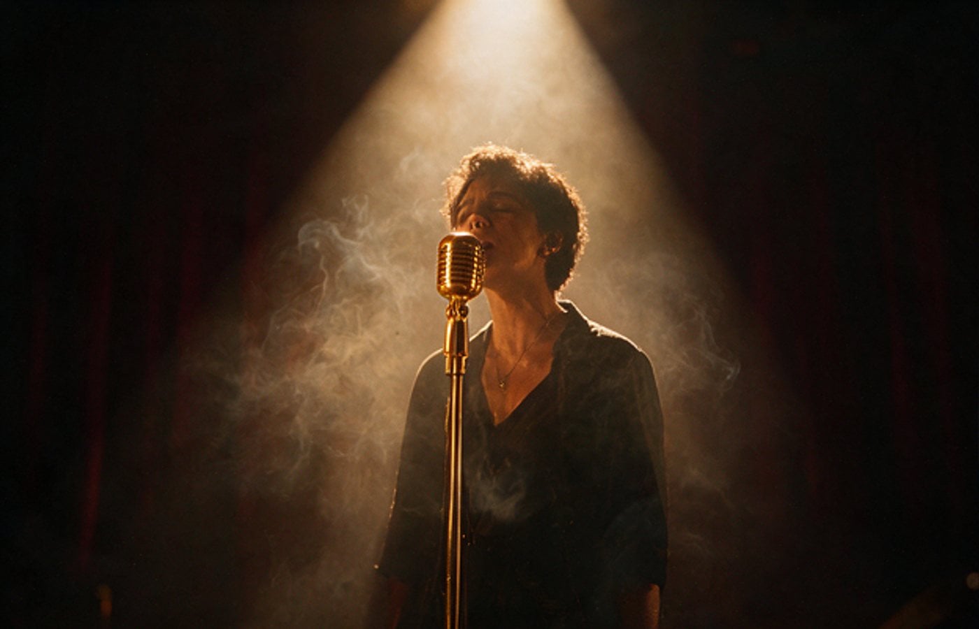Singer at a vintage microphone in warm stage haze
