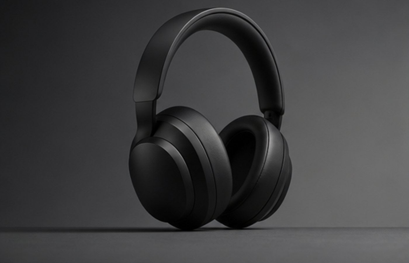 Matte black headphones on a grey seamless