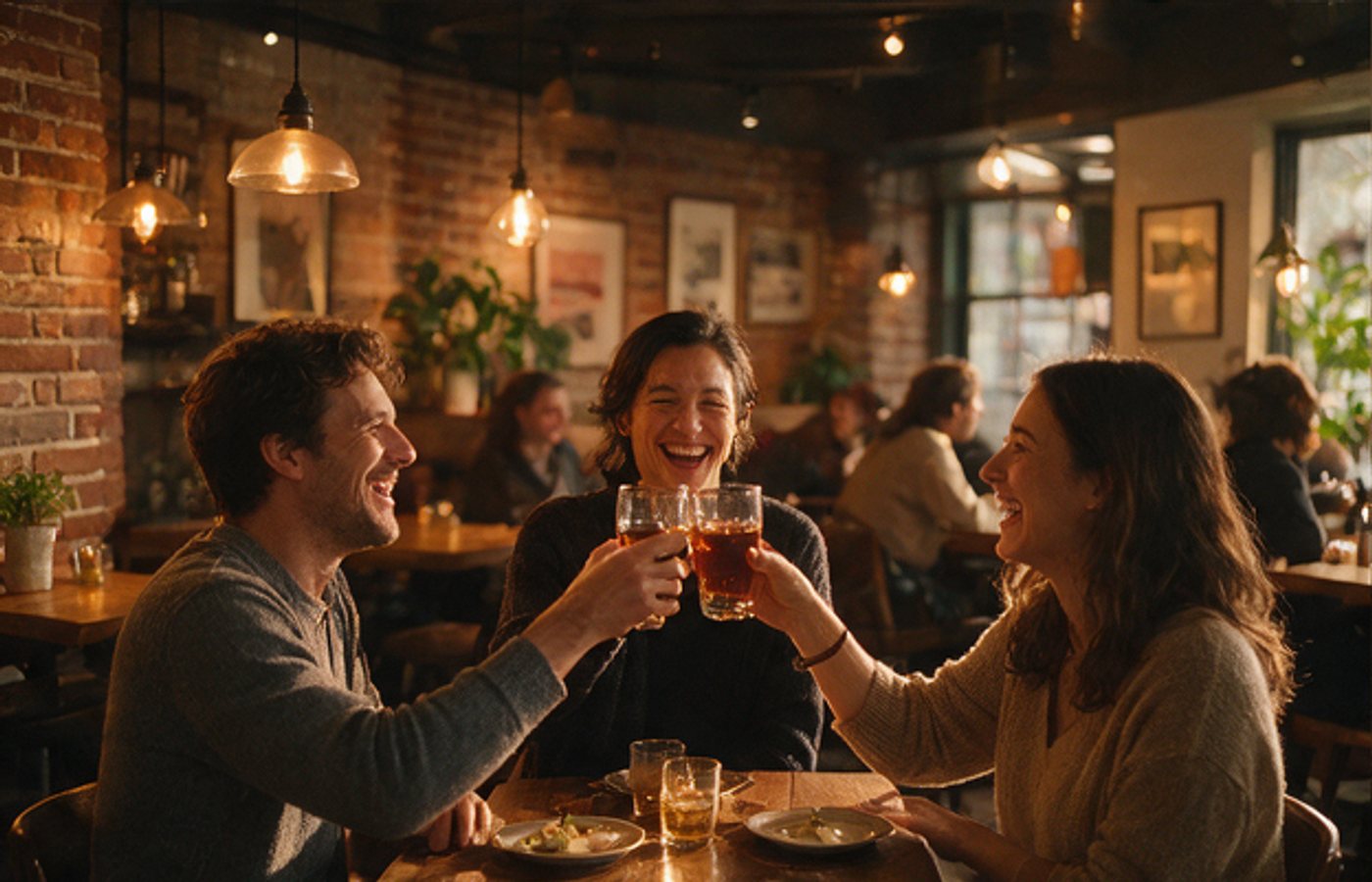 Friends raising glasses in a brick-walled pub
