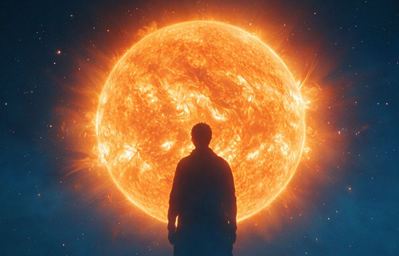 Figure standing before an enormous burning sun