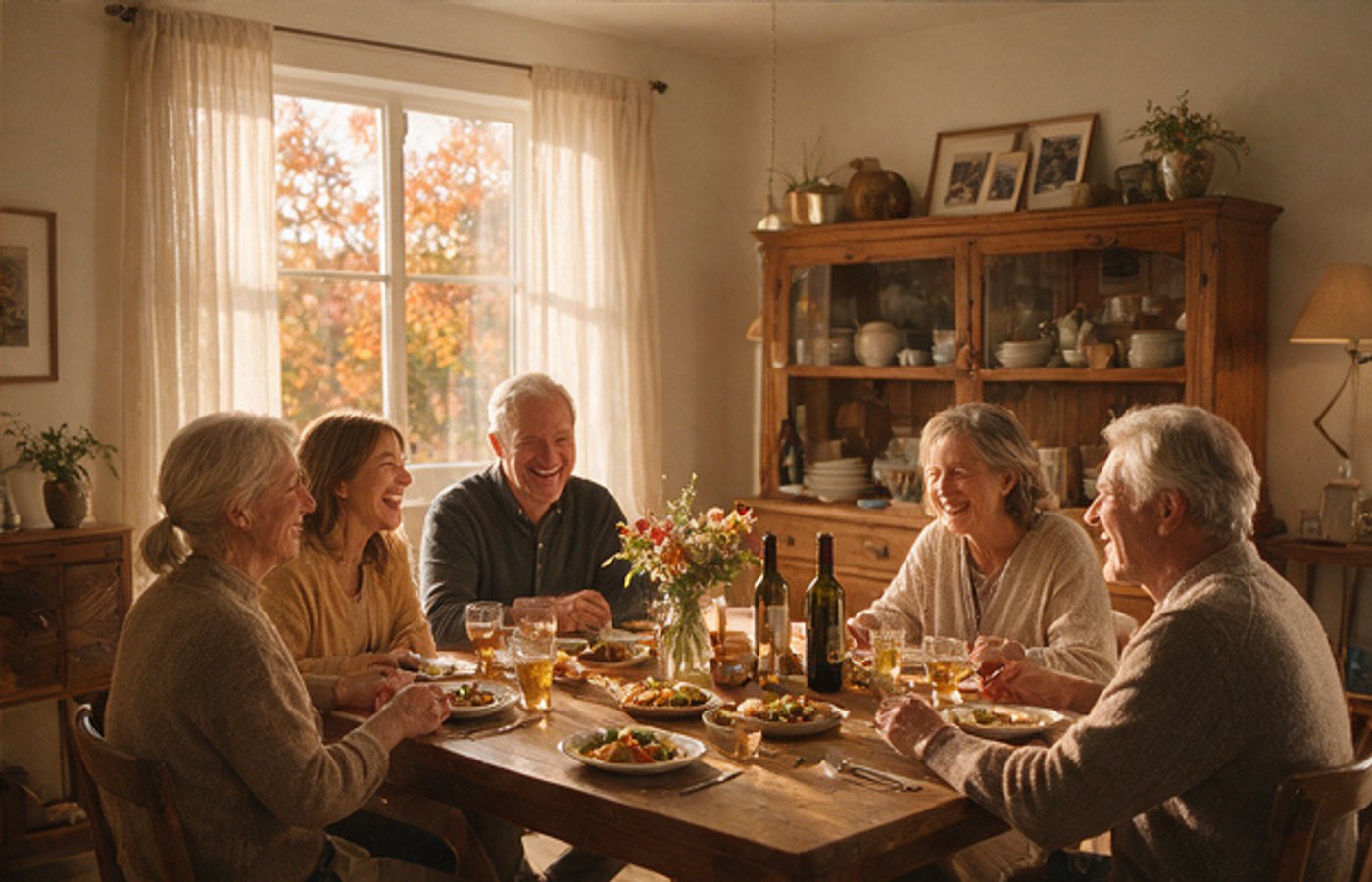 Family sharing dinner by an autumn window