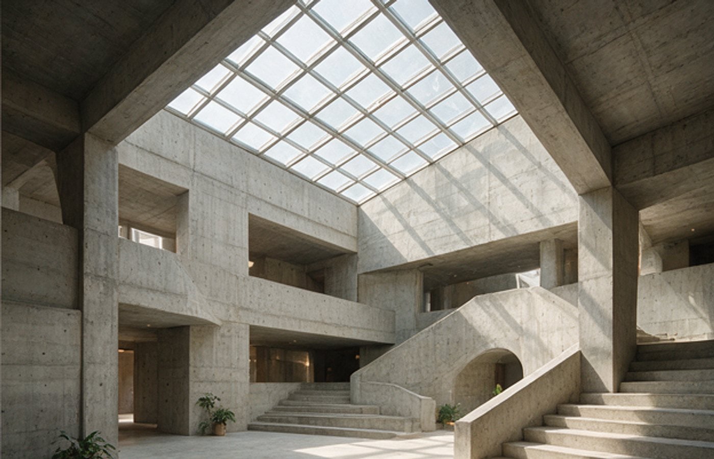 Brutalist atrium under a glass roof