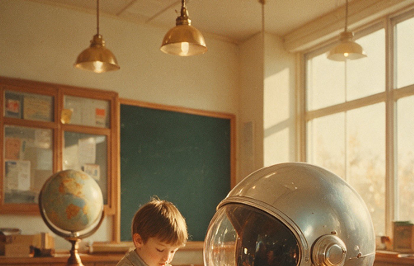Boy in a classroom wearing a space helmet