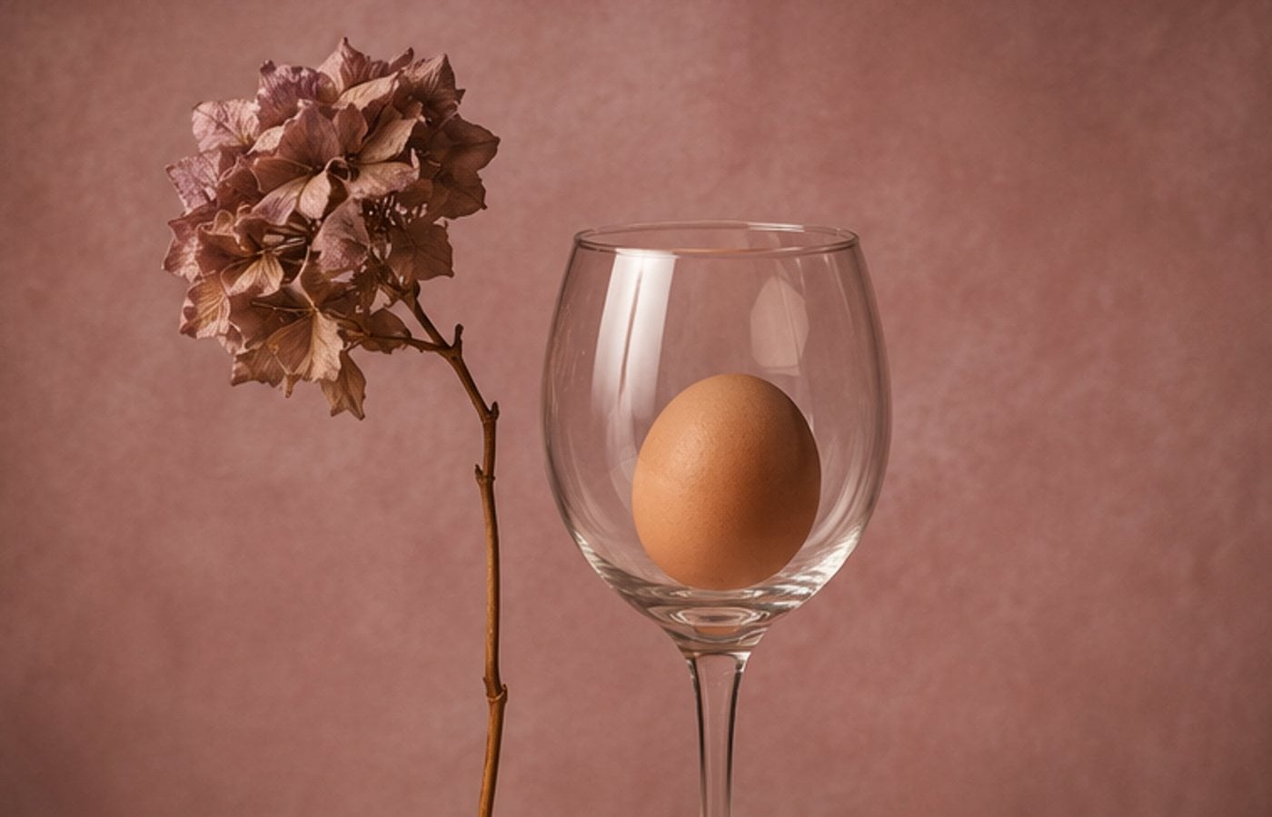 Egg in a wine glass beside a dried hydrangea, rose backdrop