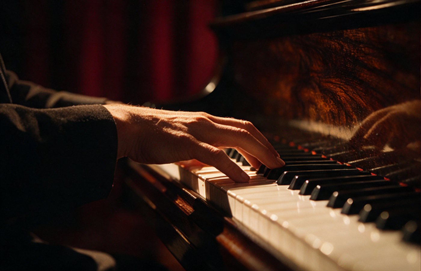 Hands on piano keys under low tungsten light