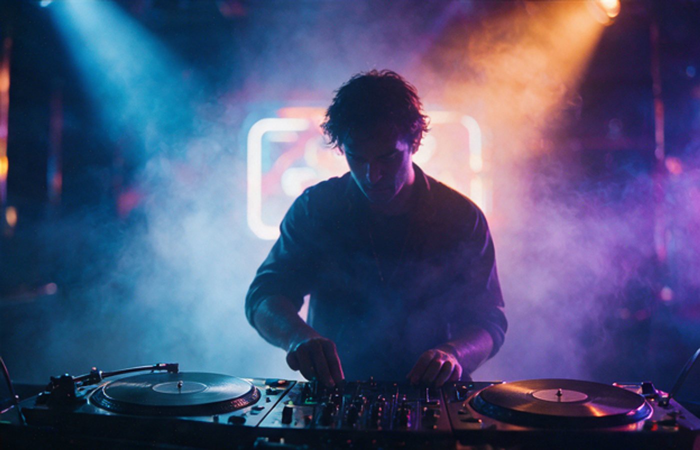 DJ behind turntables in violet club light