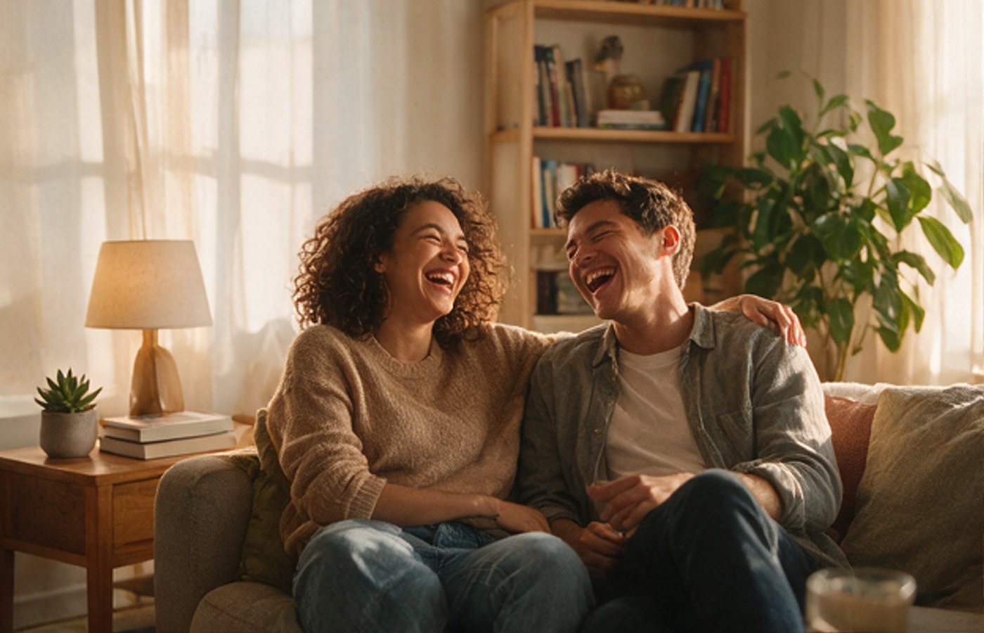 Couple laughing together on a living-room sofa