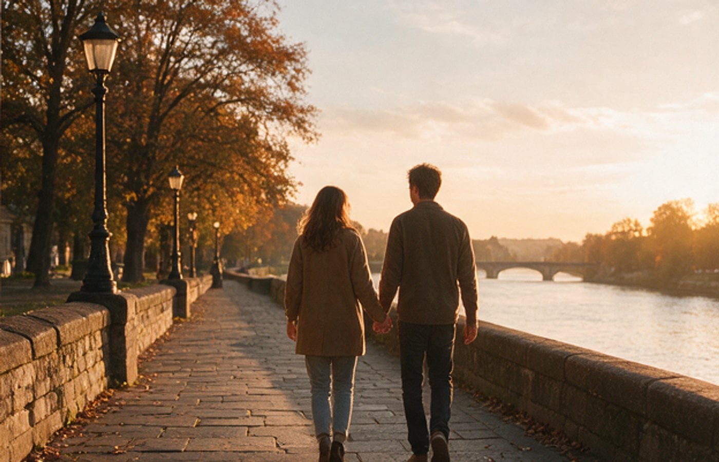 Couple walking a riverside promenade at golden hour