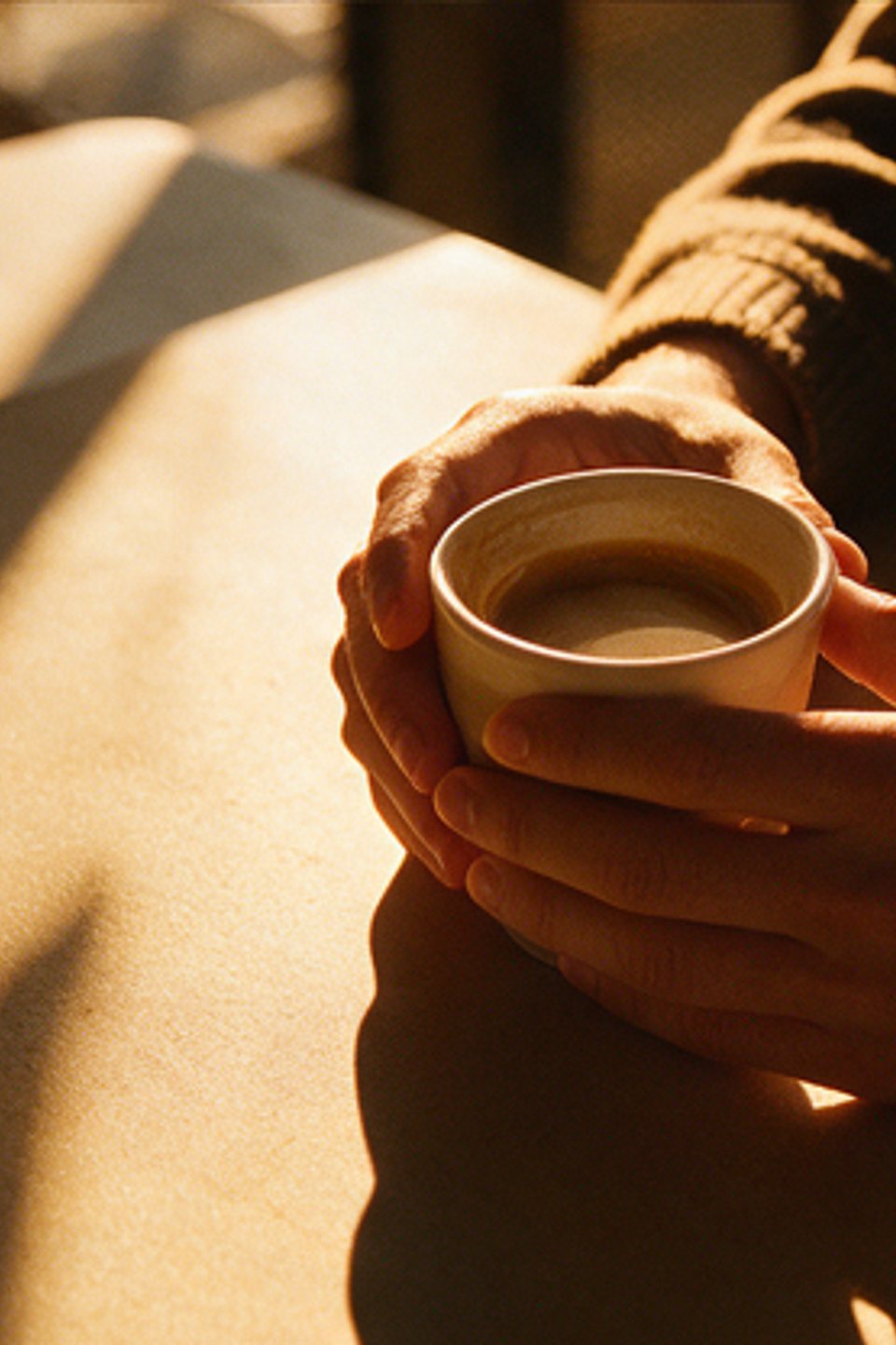 Hands holding a coffee cup in low window light