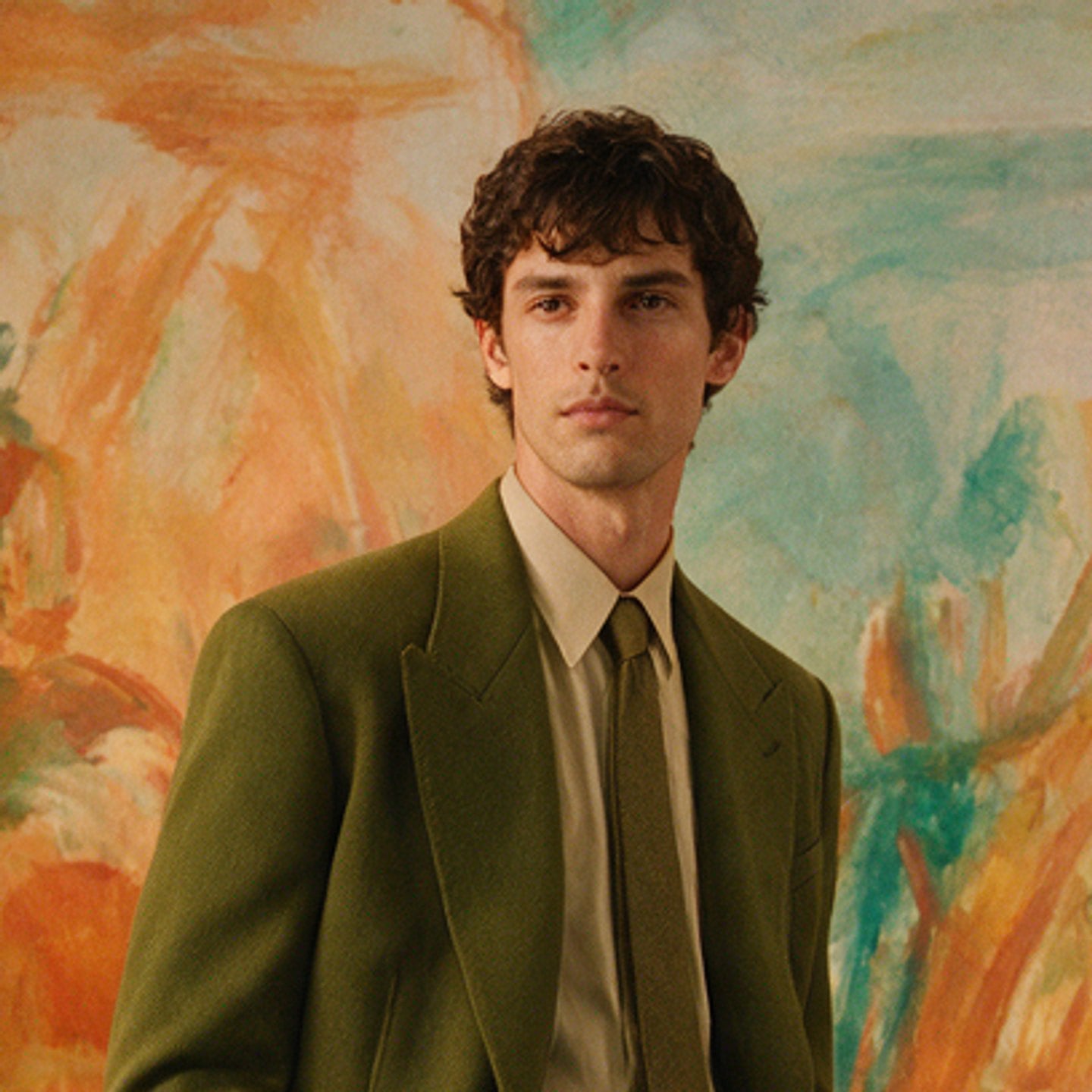 Man in an olive wool suit standing before a large gestural painting