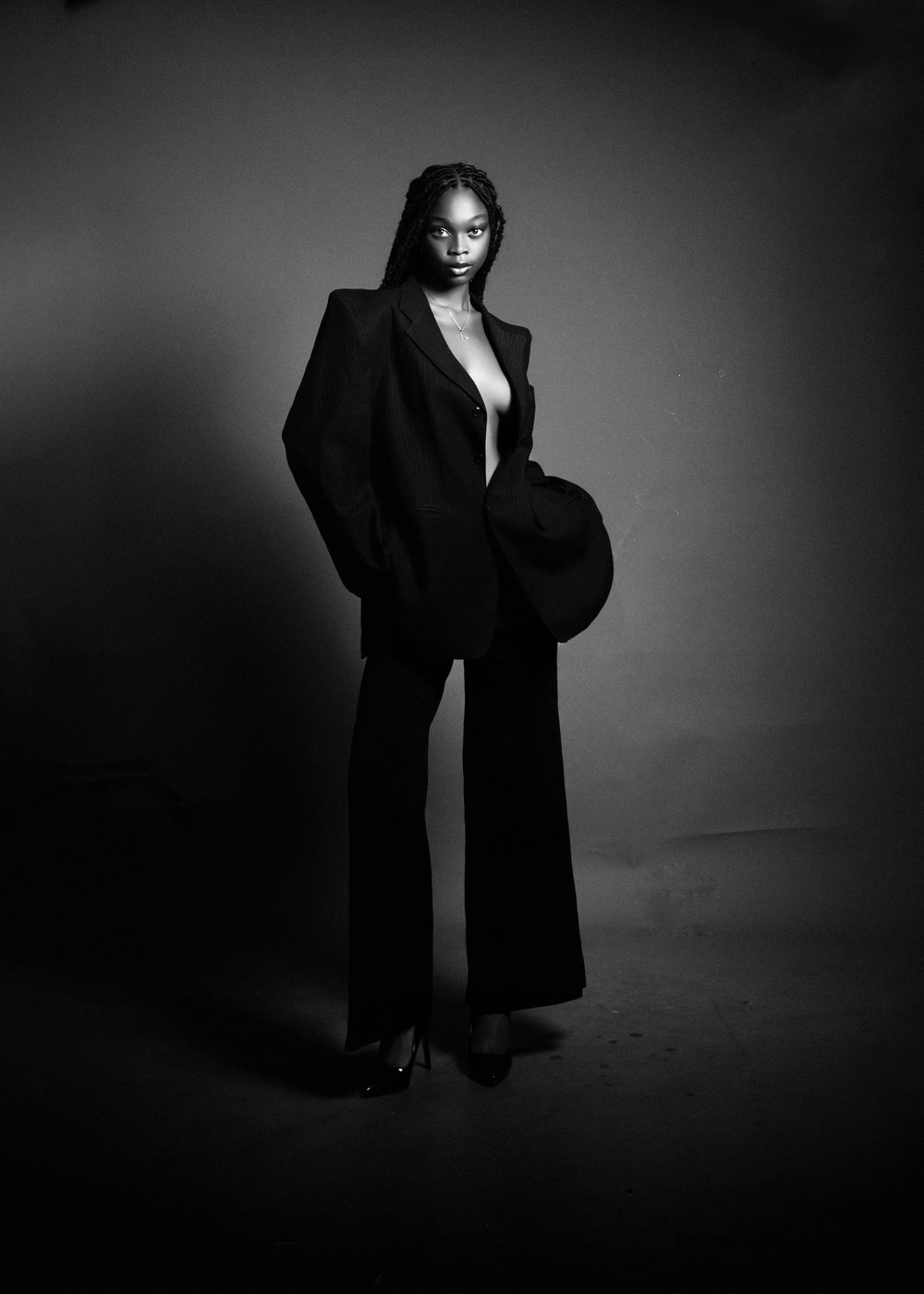 Model in an oversized black blazer