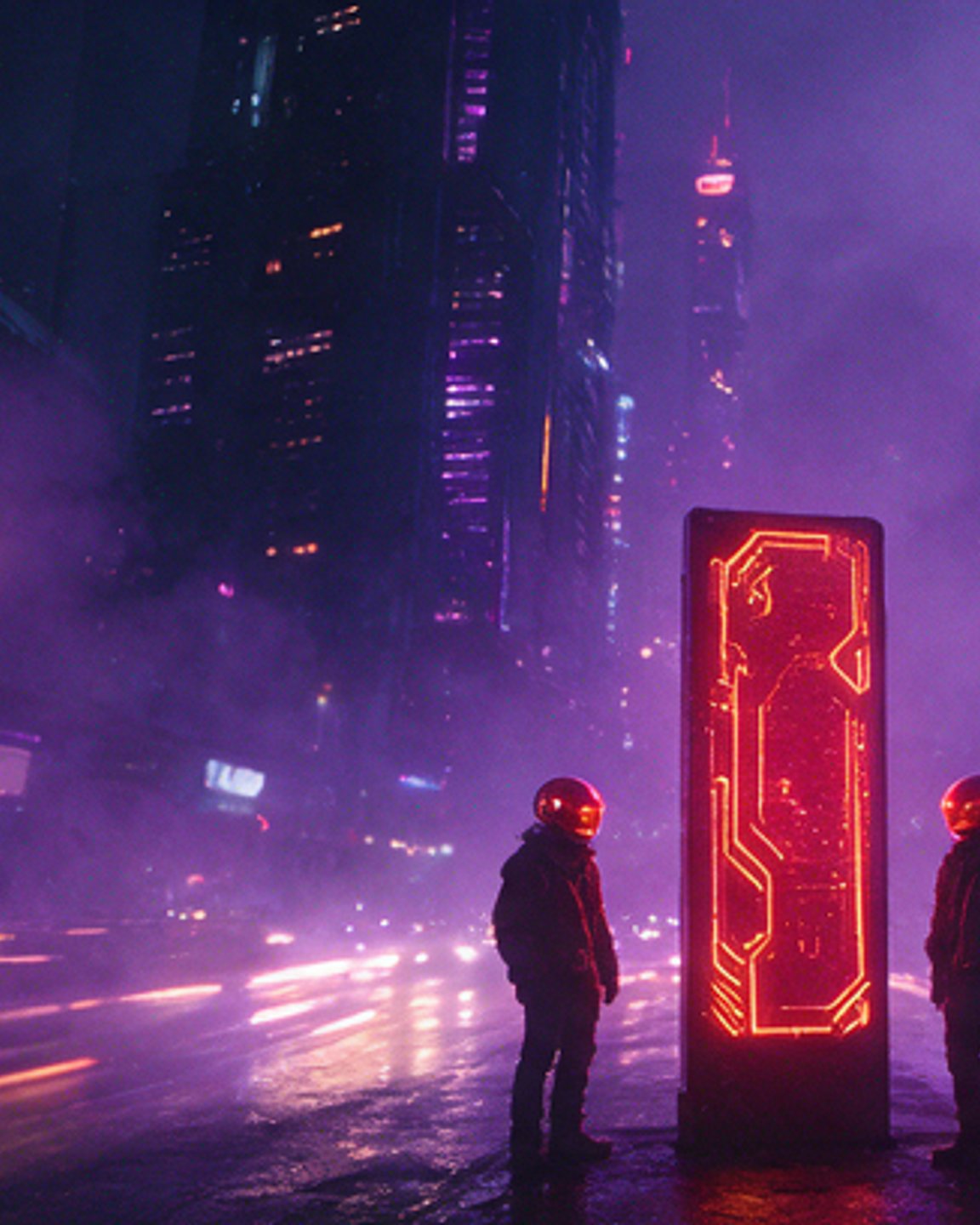 A lone figure in a red helmet beside a glowing monolith on a rain-soaked neon street