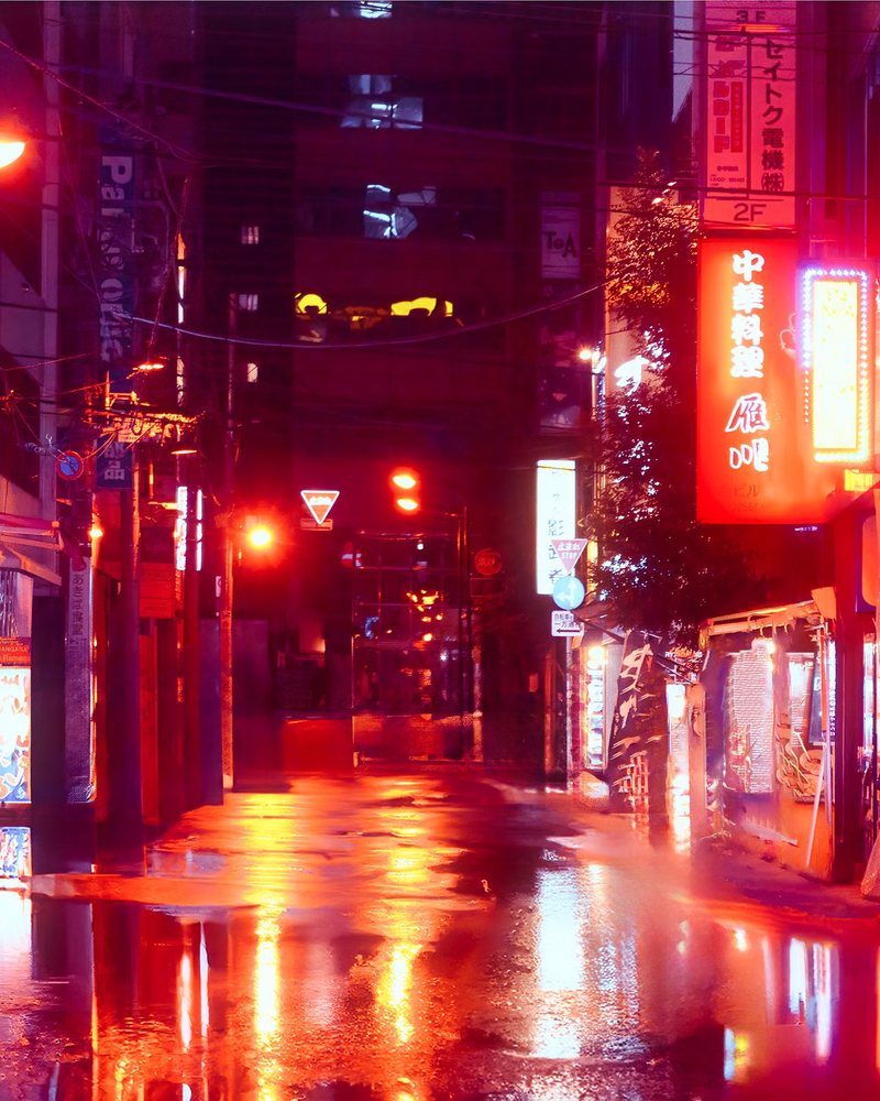 Red-lit street after rain