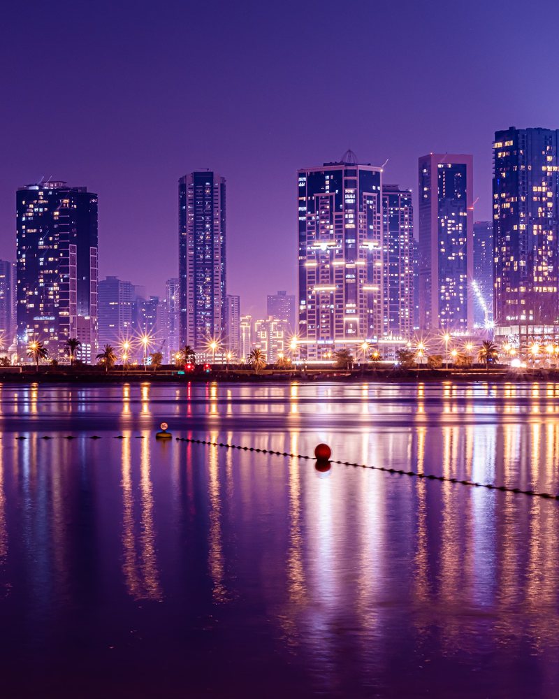 Purple skyline mirrored on water