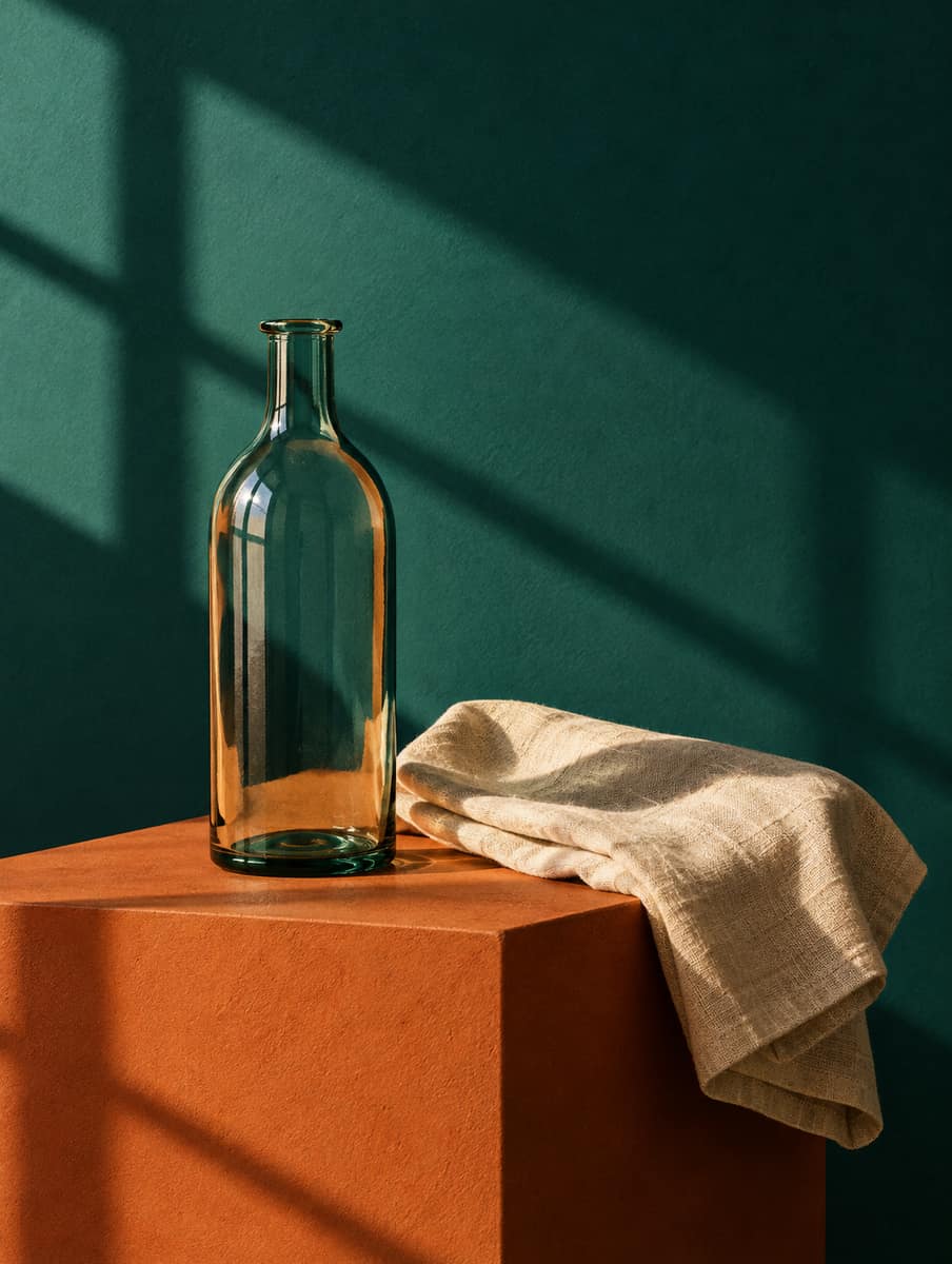 Botella de vidrio y lino sobre un plinto de terracota