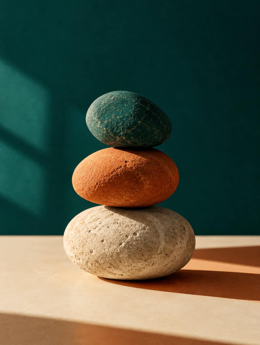Tres piedras en equilibrio sobre una mesa