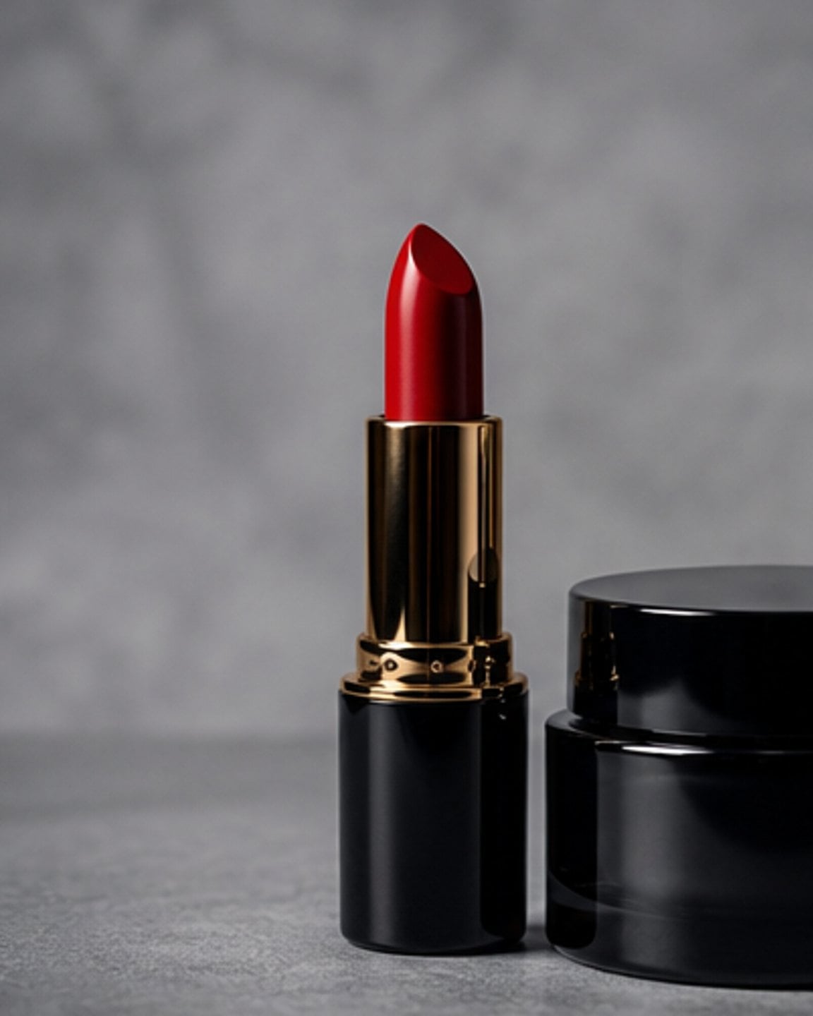 Matte lipstick beside a black glass jar