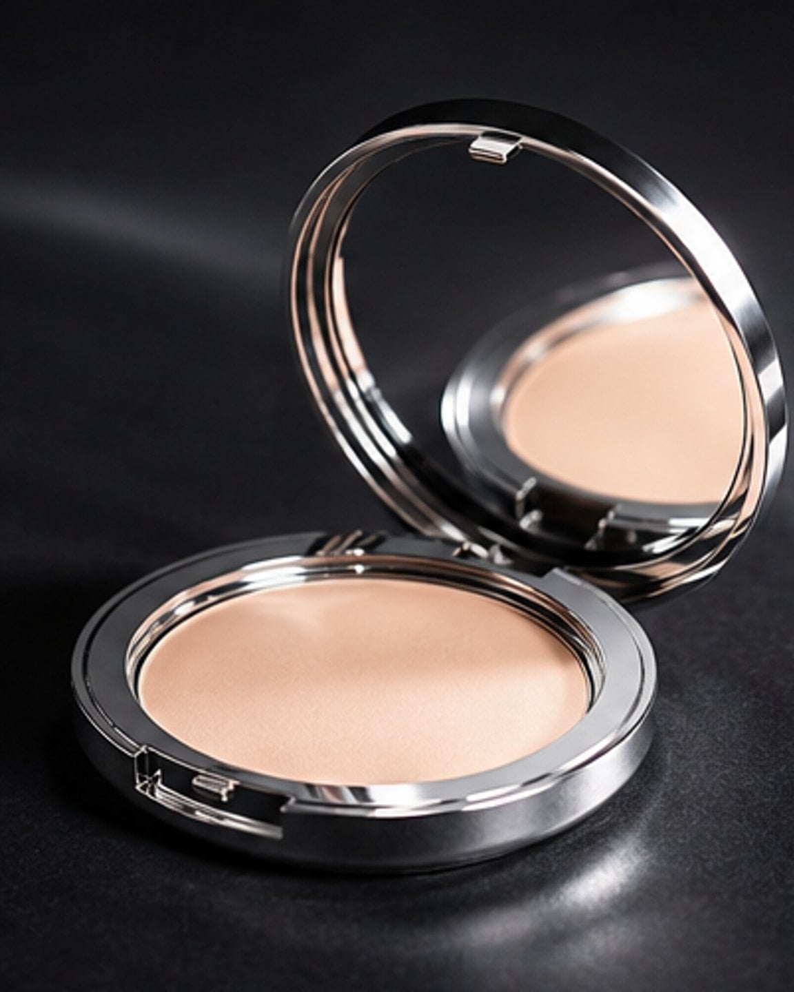 Open chrome pressed powder compact