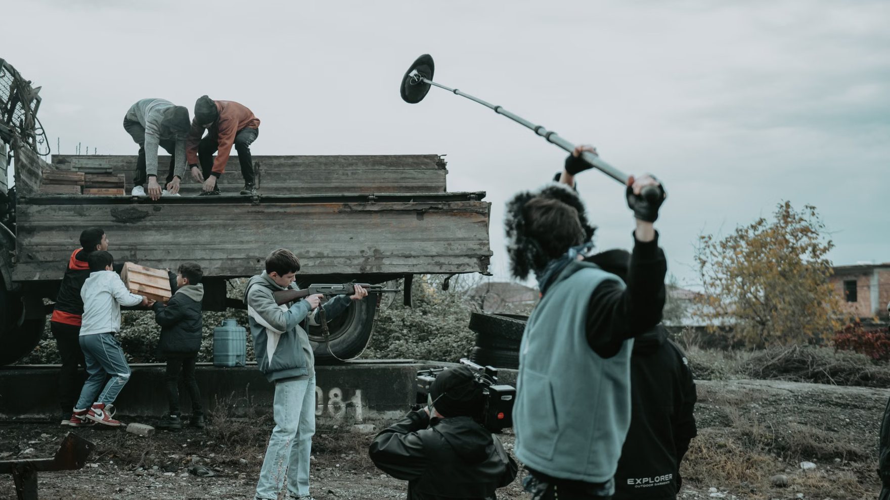 Film crew on location, mid-shoot