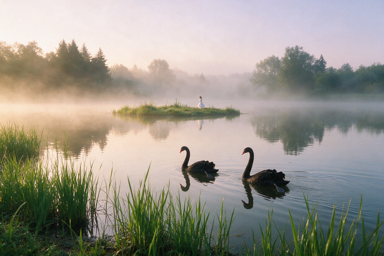 A woman in a white dress standing between two black swans in morning mist