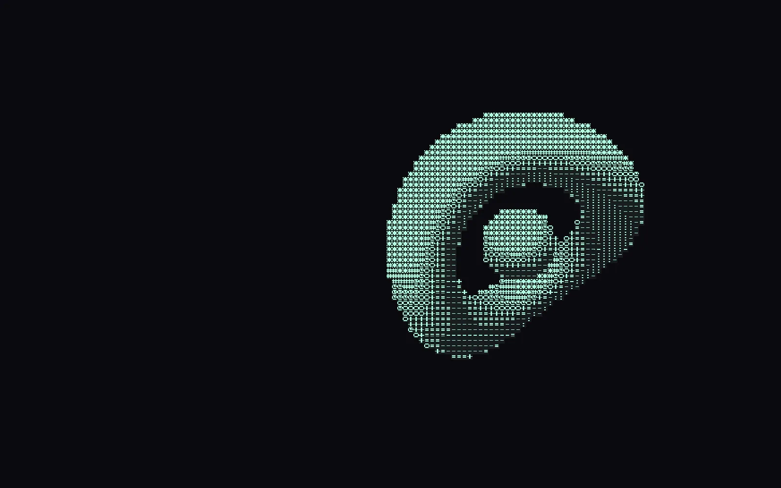 A twisted torus rendered as a field of monospaced characters in mint green on near-black, lit from the upper left so the ramp runs from dense asterisks down to sparse dots.