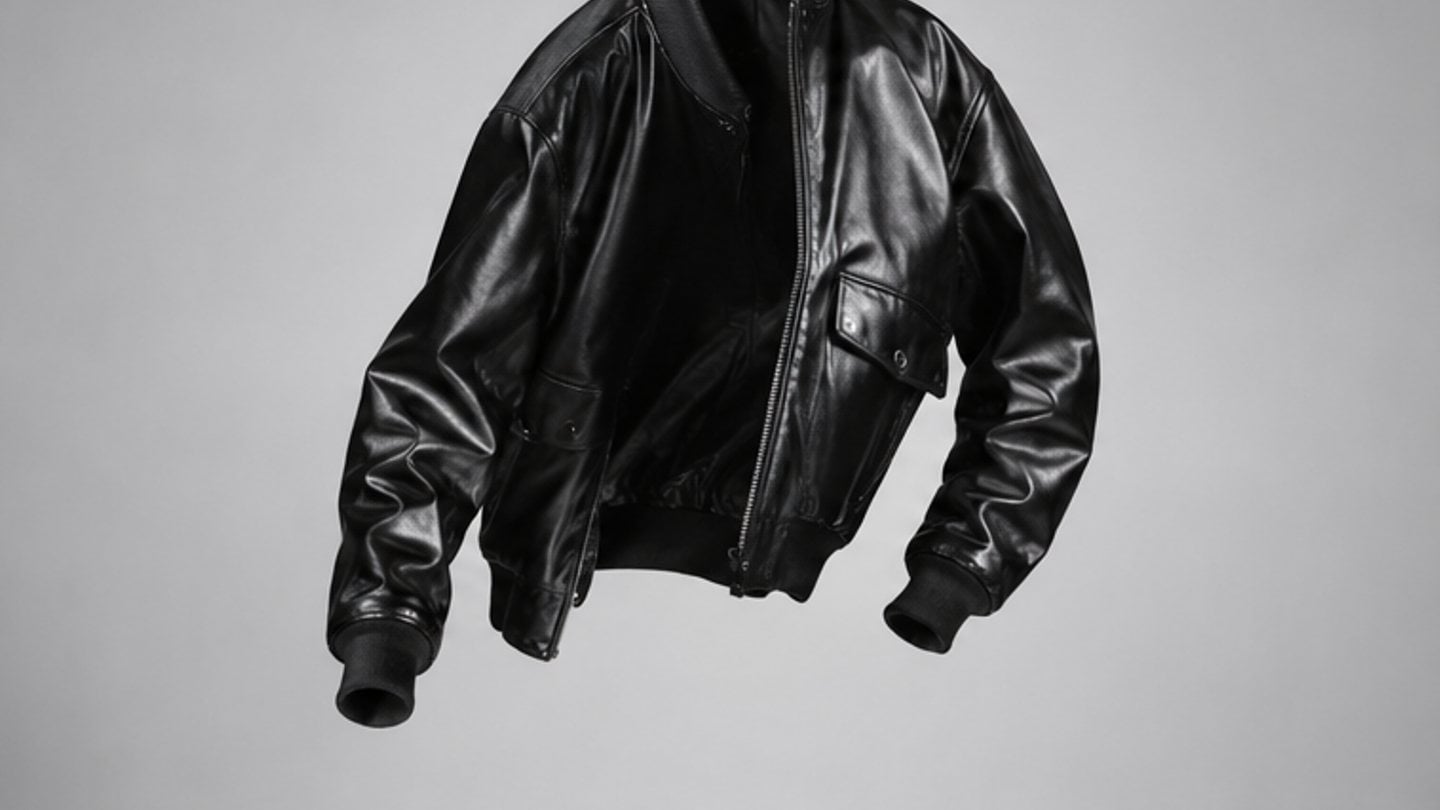 Black leather bomber jacket suspended against a grey studio backdrop