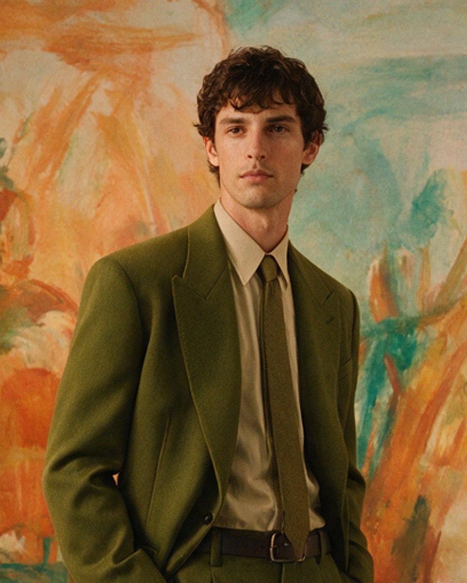 Caspian Merlow, creative director, in an olive blazer against a painterly mural