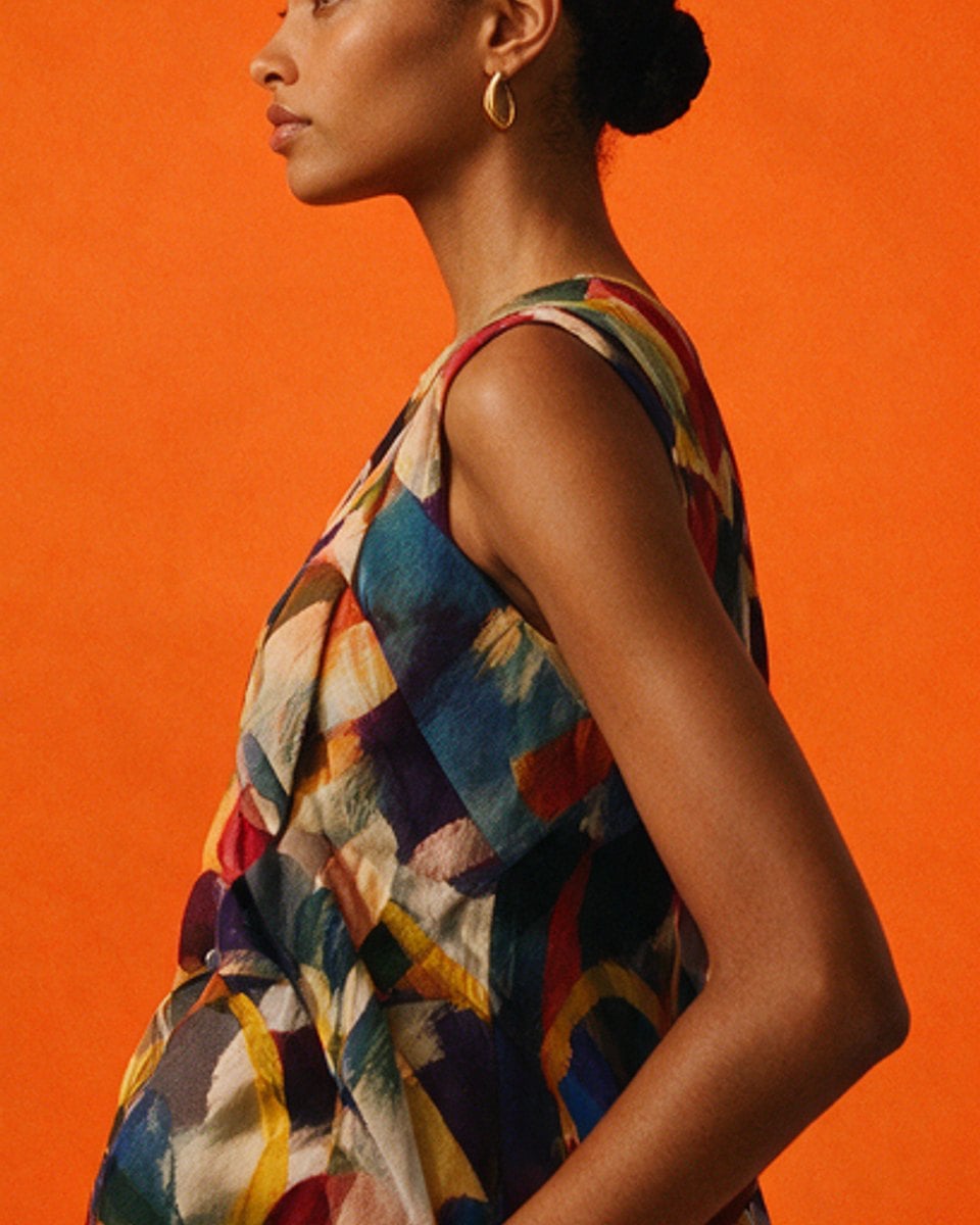 Leopold Draven, head of production, in printed silk against a burnt-orange backdrop