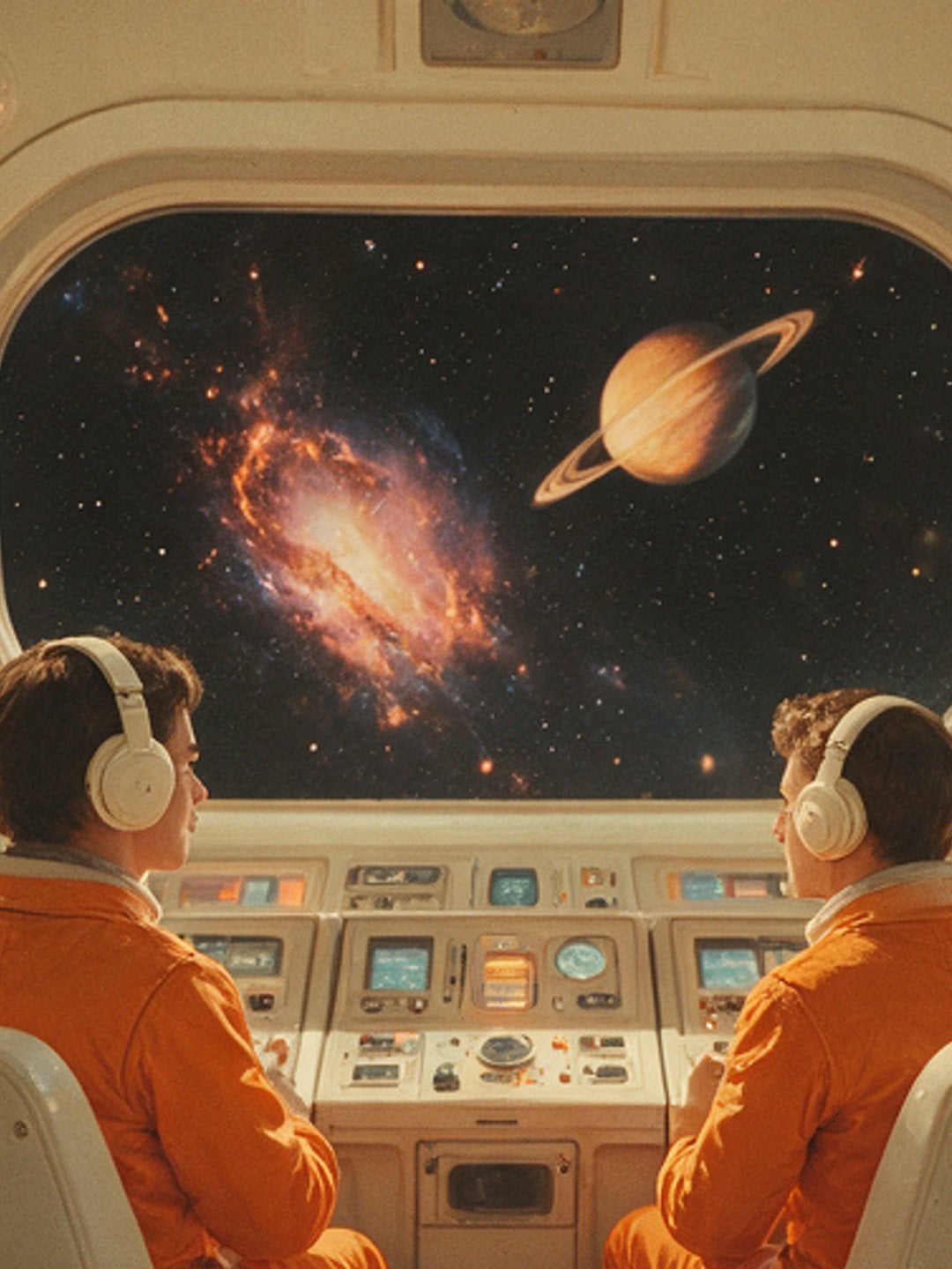 Two mission crew in orange suits watching a galaxy and Saturn through a capsule window